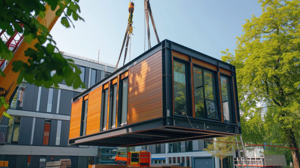 Modular home lifted with crane.